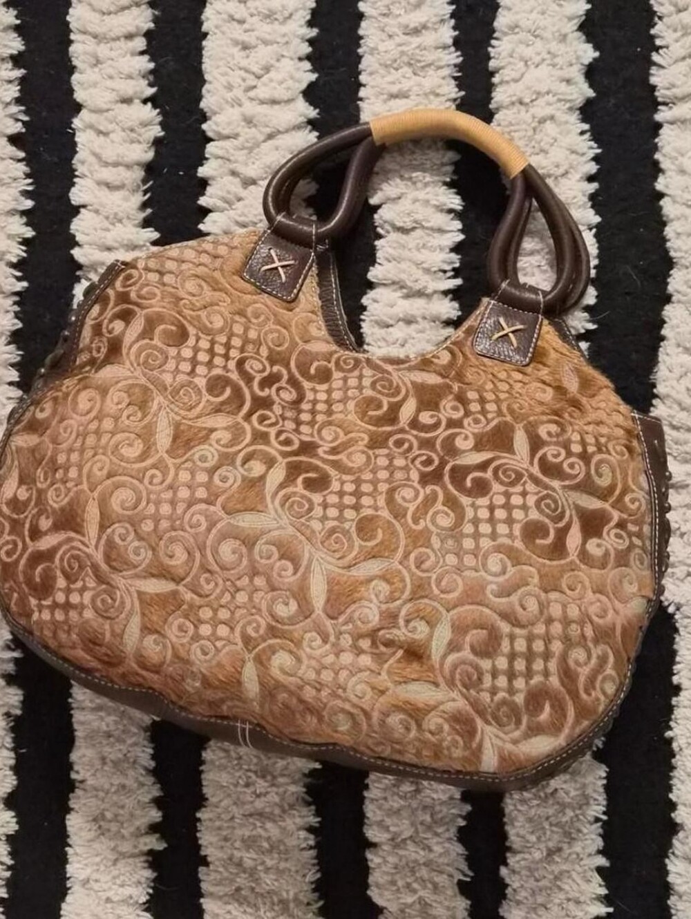 Isabella Fiore Boho 3D Hand etched calf hair studded bag